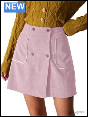 Corduroy High Waist A-Line Mini Skirt Button Front Pockets Fall